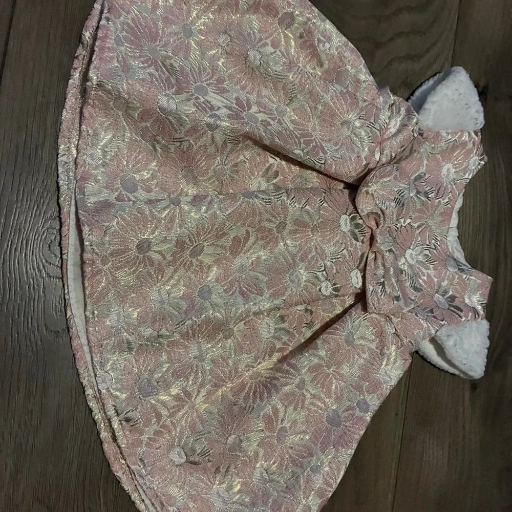 Unbranded Floral Brocade Dress Women Pink New Faux Fur Trim Bow Metallic Daisy